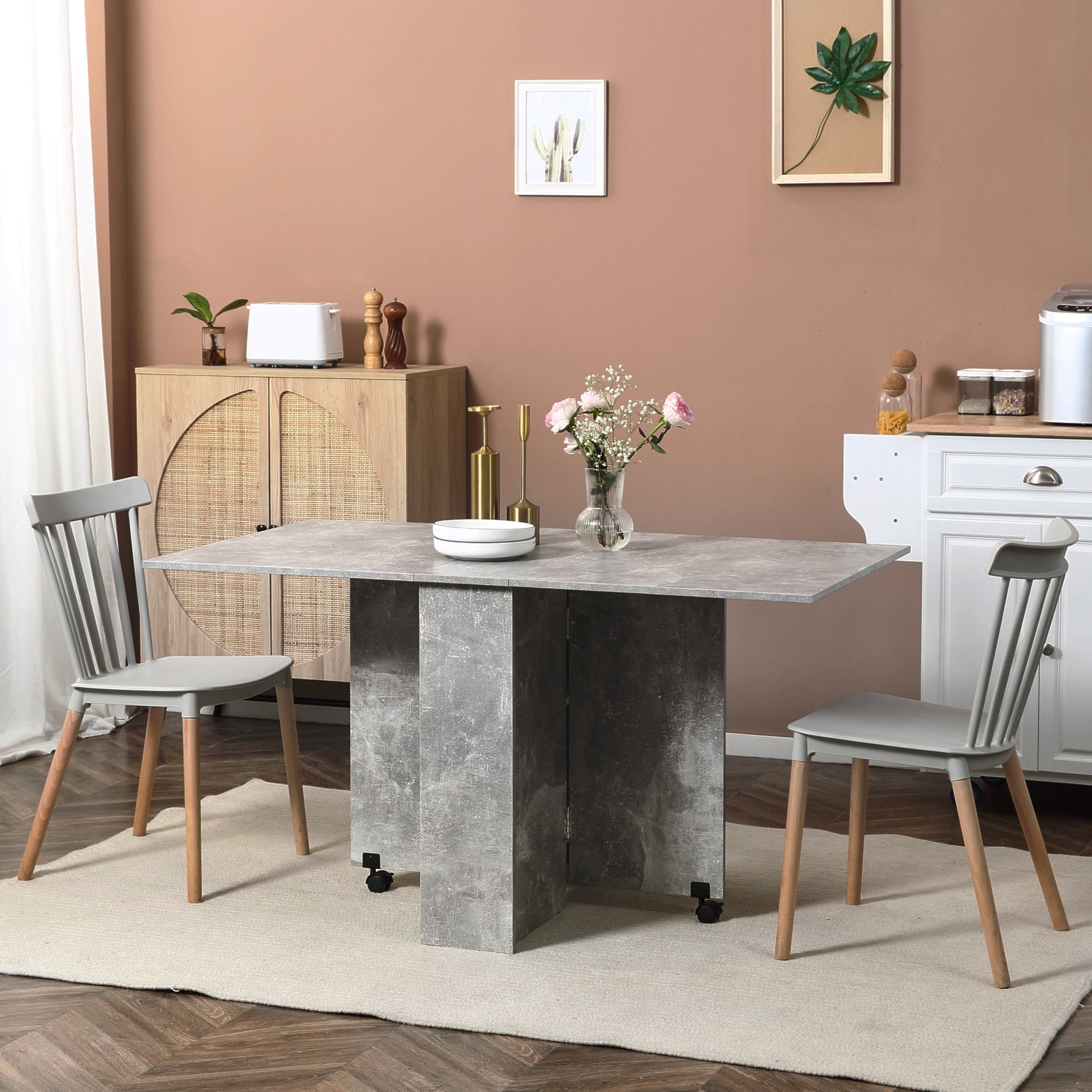 Folding Dining Table, Drop Leaf Table for Small Spaces with 2-tier Shelves, Small Kitchen Table with Rolling Casters, Cement Grey-1