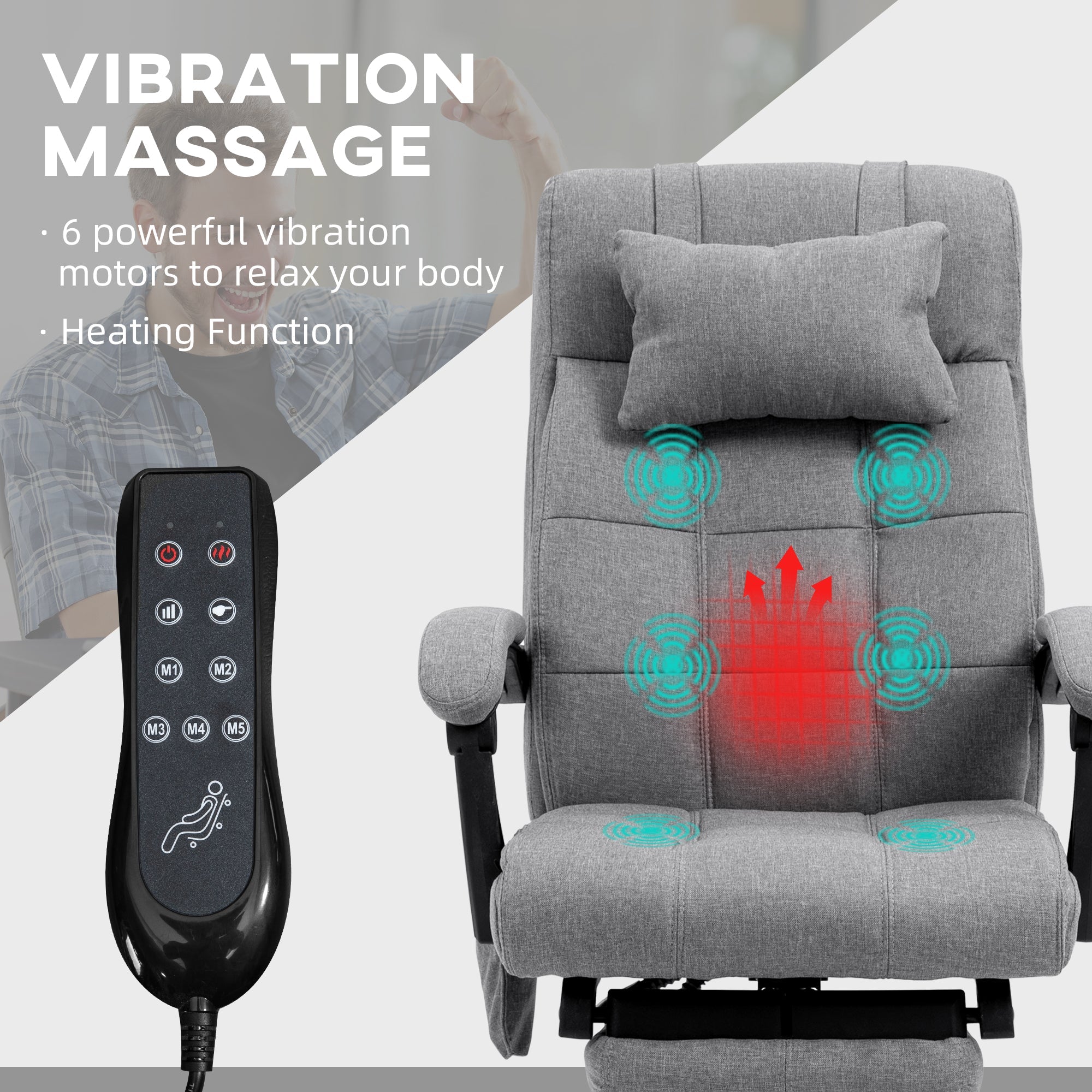 Vibration Massage Office Chair with Heat, Fabric Computer Chair with Head Pillow, Footrest, Armrest, Reclining Back, Grey-3