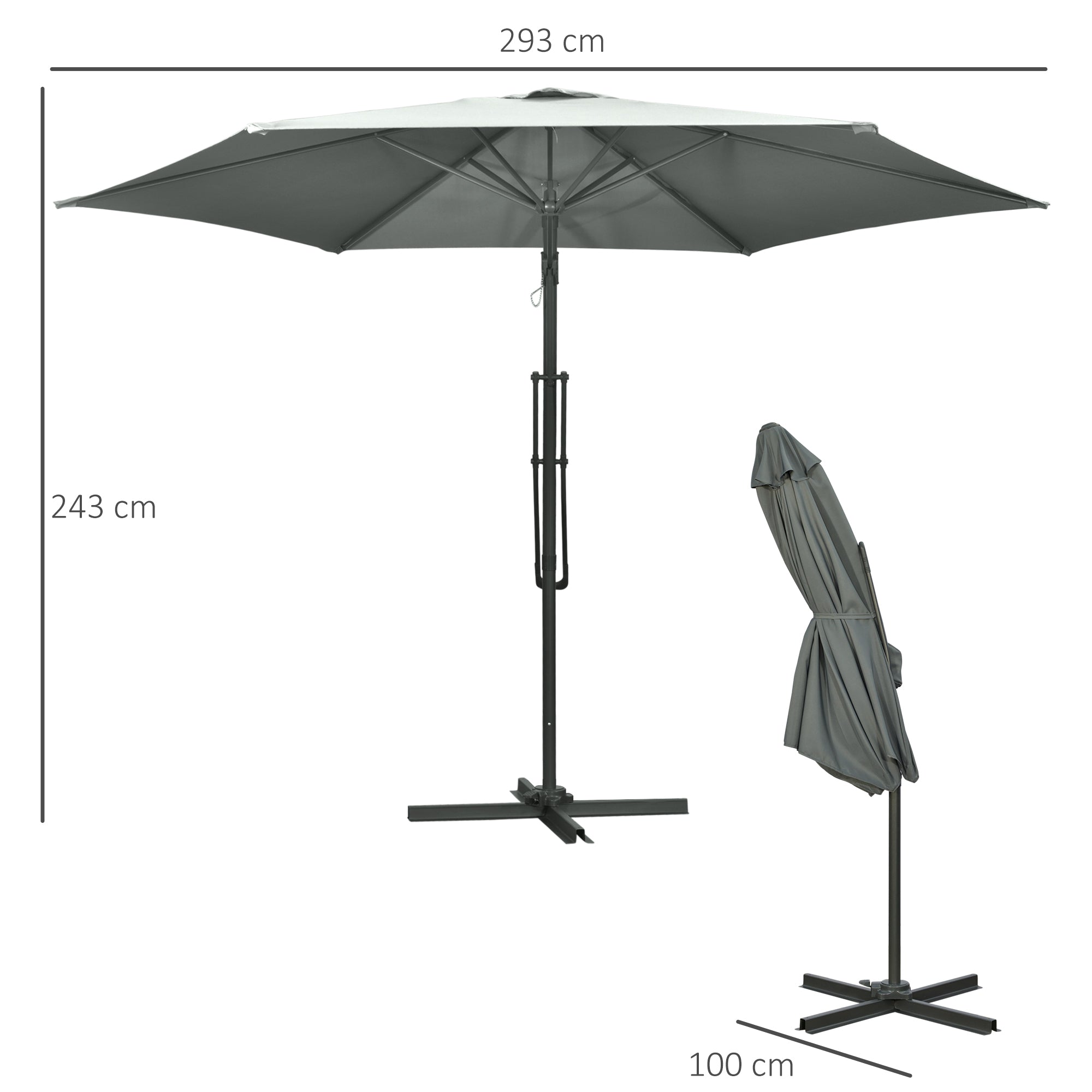 3m Cantilever Parasol with Easy Lever, Patio Umbrella with Crank Handle, Cross Base and 6 Metal Ribs, Outdoor Sun Shades for Garden, Grey-2