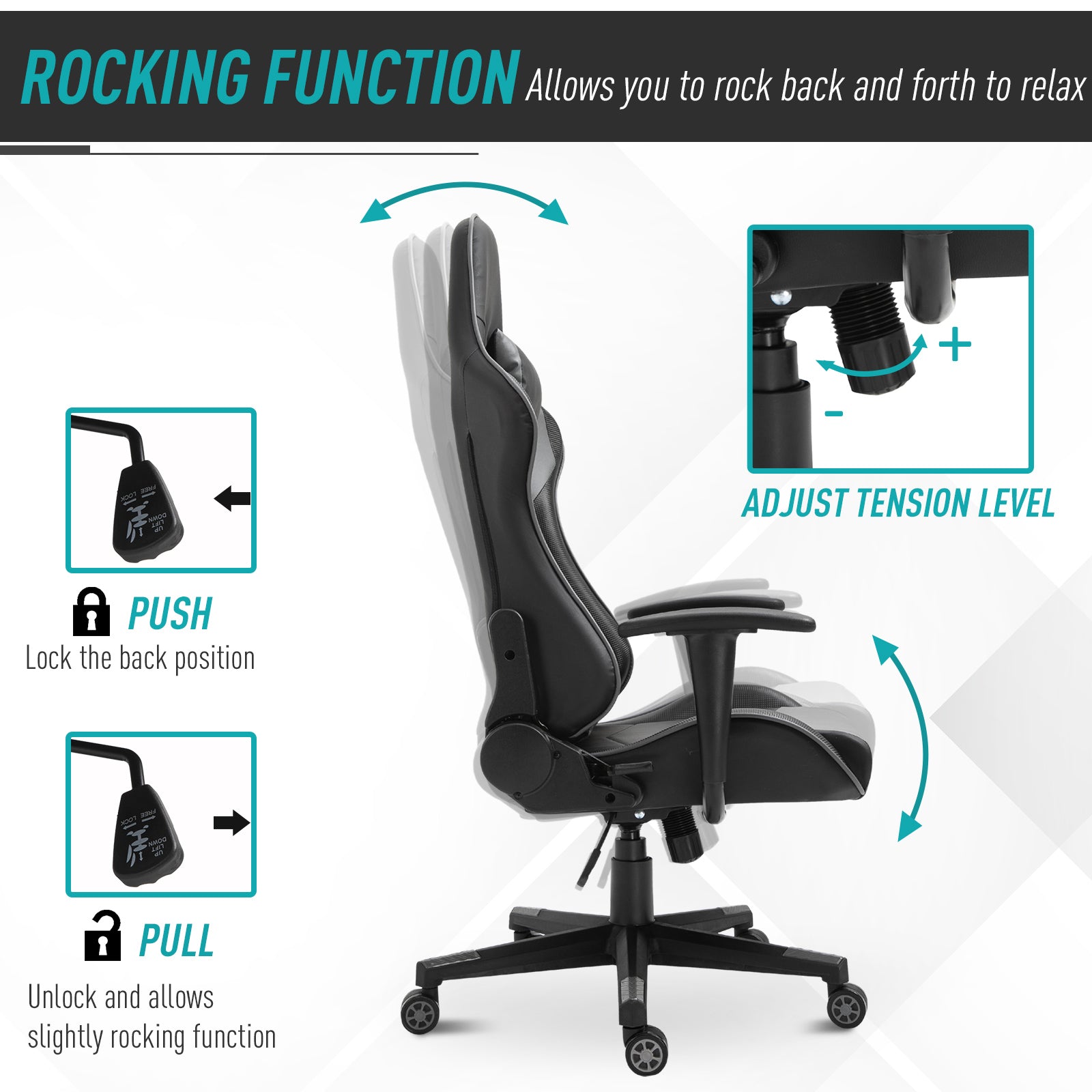 High Back Racing Gaming Chair, PU Leather Reclining Computer Chair with Head Pillow and Lumbar Support, Black-4