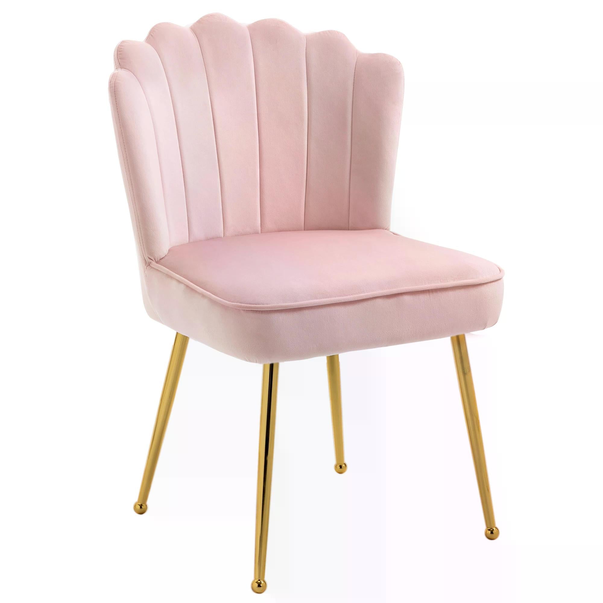 Velvet-Feel Shell Luxe Accent Chair, Glam Vanity Chair Makeup Seat, Home Bedroom Lounge with Metal Legs Comfort Padding, Pink-1