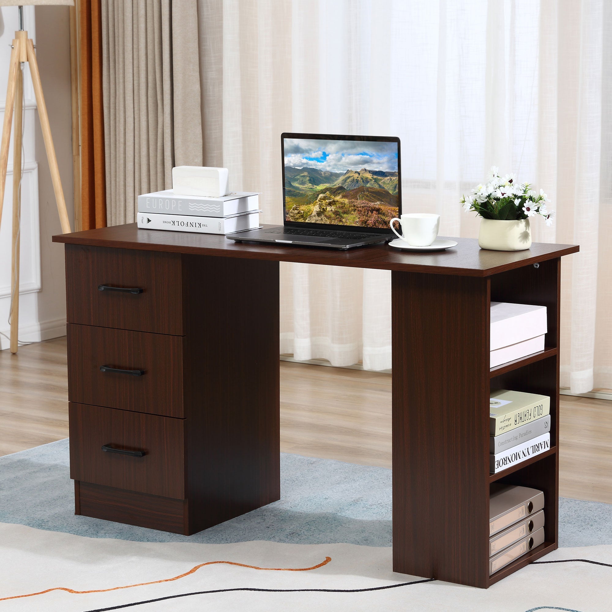 120cm Computer Desk with Storage Shelves Drawers, Writing Table Study Workstation for Home Office, Walnut Brown-0