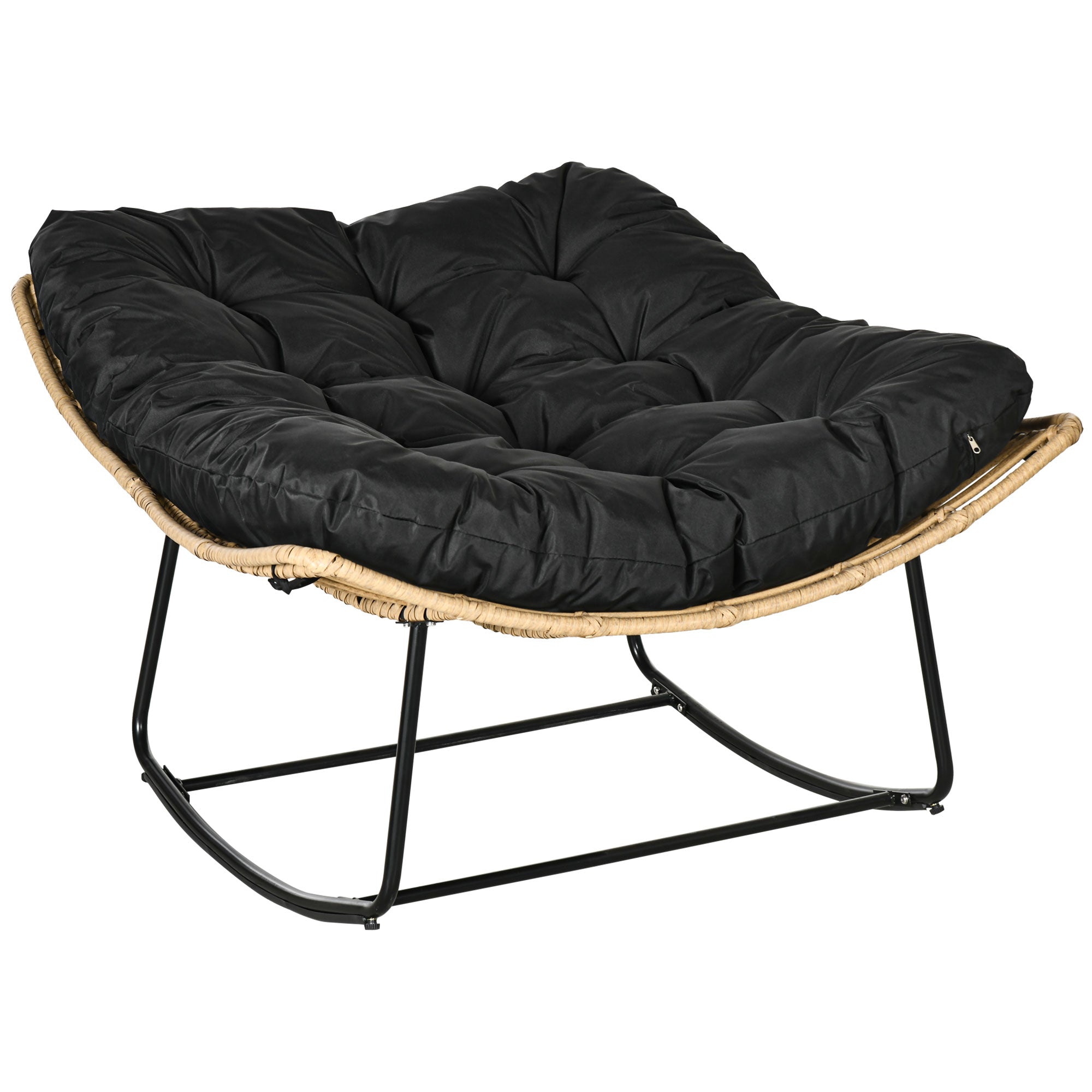 Outdoor PE Rattan Rocking Chair, Patio Luxury Round Wicker Garden Porch Furniture w/ Thick Cushion, Natural Wood Finish-0