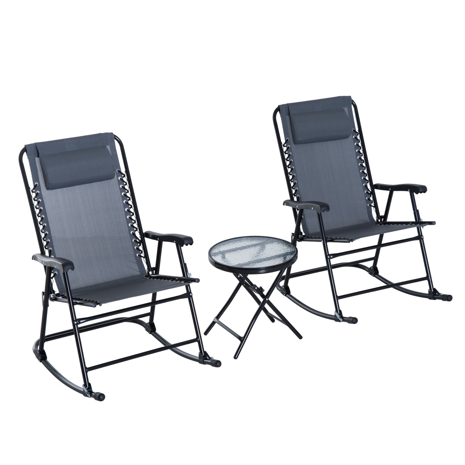 3 Piece Outdoor Rocking Set with 2 Folding Chairs and 1 Tempered Glass Table, Patio Bistro Set for Garden, Deck, Grey-0