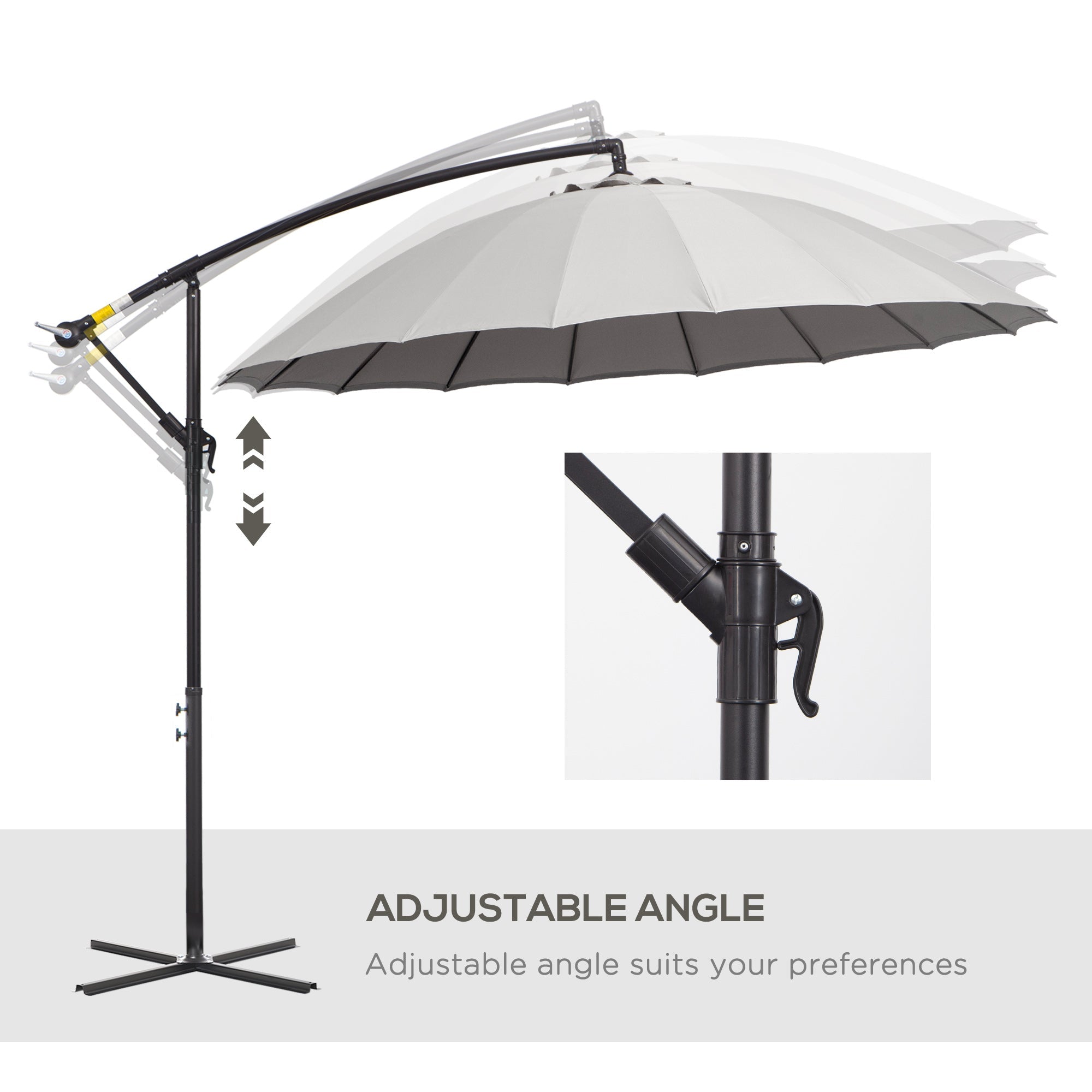 3(m) Cantilever Garden Hanging Banana Sun Umbrella with Crank Handle, 18 Sturdy Ribs and Cross Base, Grey-4