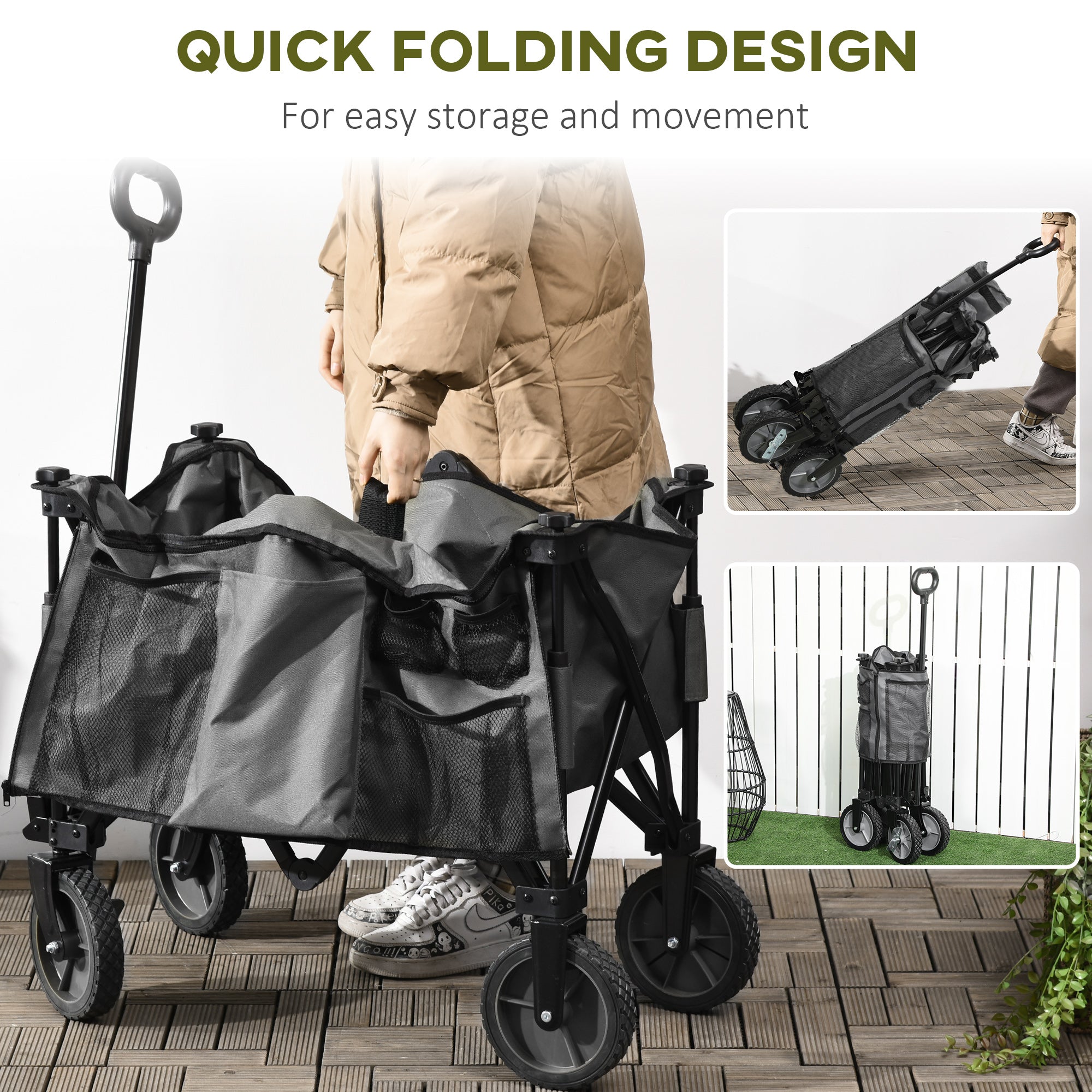 Garden Trolley, Cargo Traile on Wheels, Folding Collapsible Camping Trolley, Outdoor Utility Wagon, Dark Grey-3