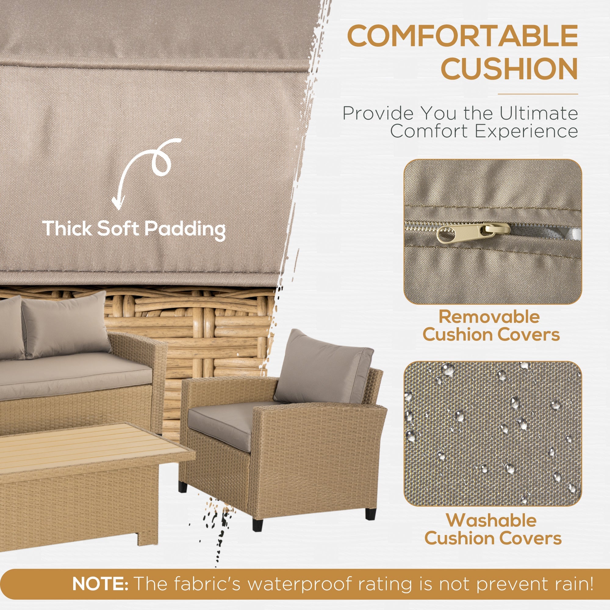 5-Seater Garden PE Rattan Sofa Set, Patio Wicker Aluminium Frame Conversation w/ Wood Grain Plastic Table, Khaki-4