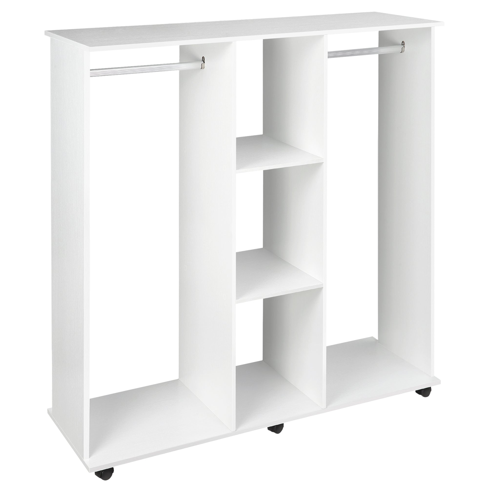 Double Mobile Open Wardrobe With Clothes Hanging Rails Storage Shelves Organizer Bedroom Furniture - White-0
