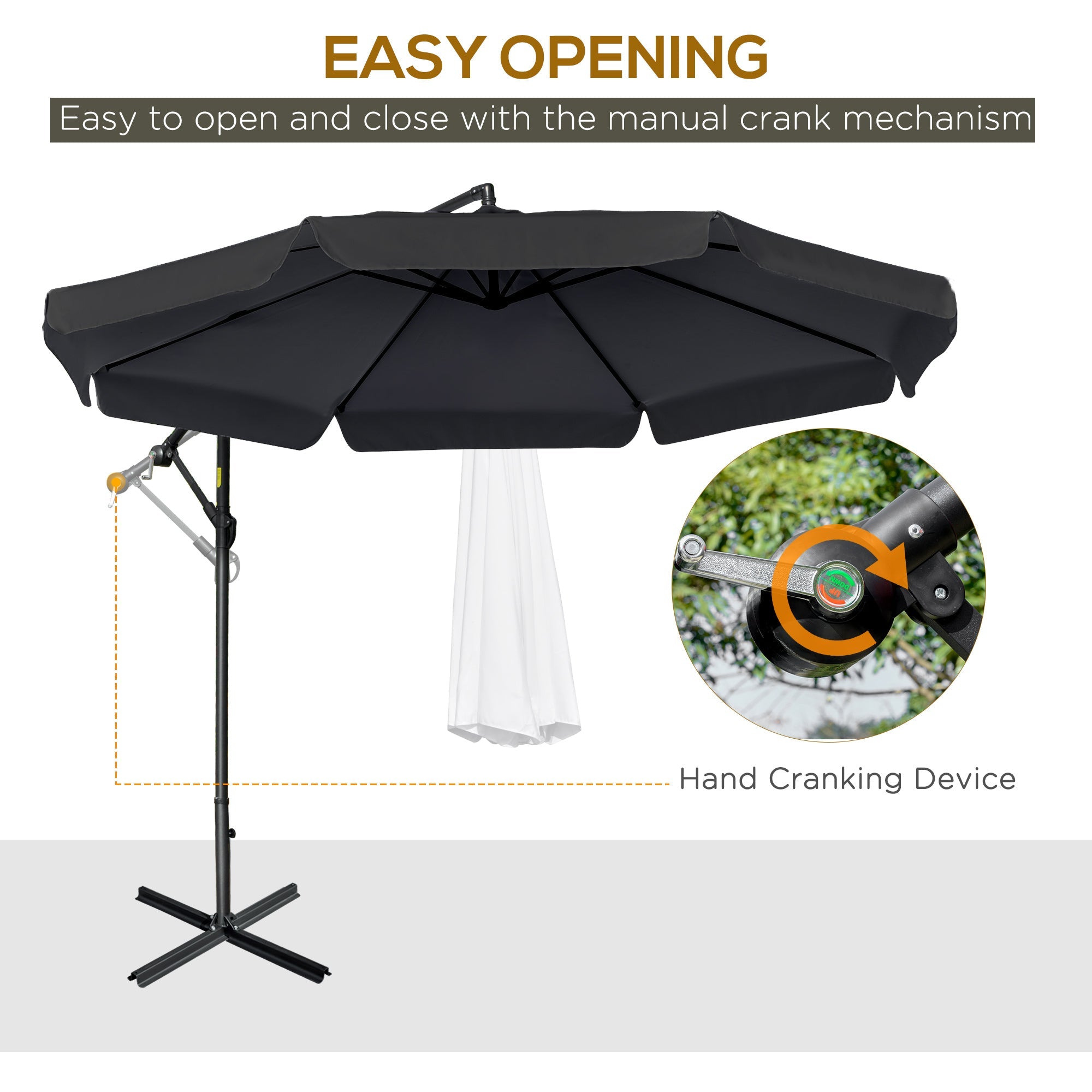 2.7m Banana Parasol Cantilever Umbrella with Crank Handle and Cross Base for Outdoor, Hanging Sun Shade, Black-3