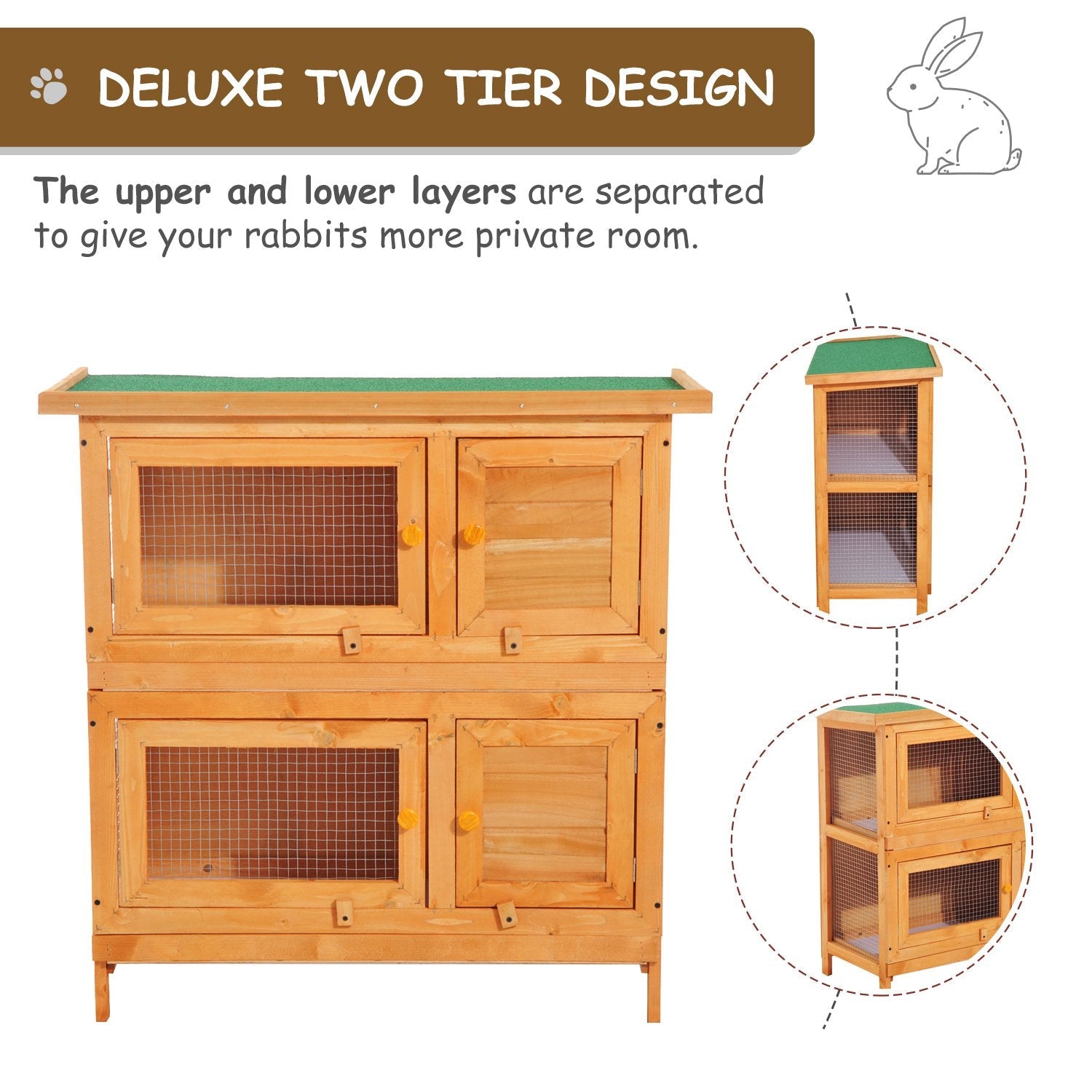 90cm 2 Tiers Rabbit Hutch Wooden Pet Cage W/ Run Bunny House-4