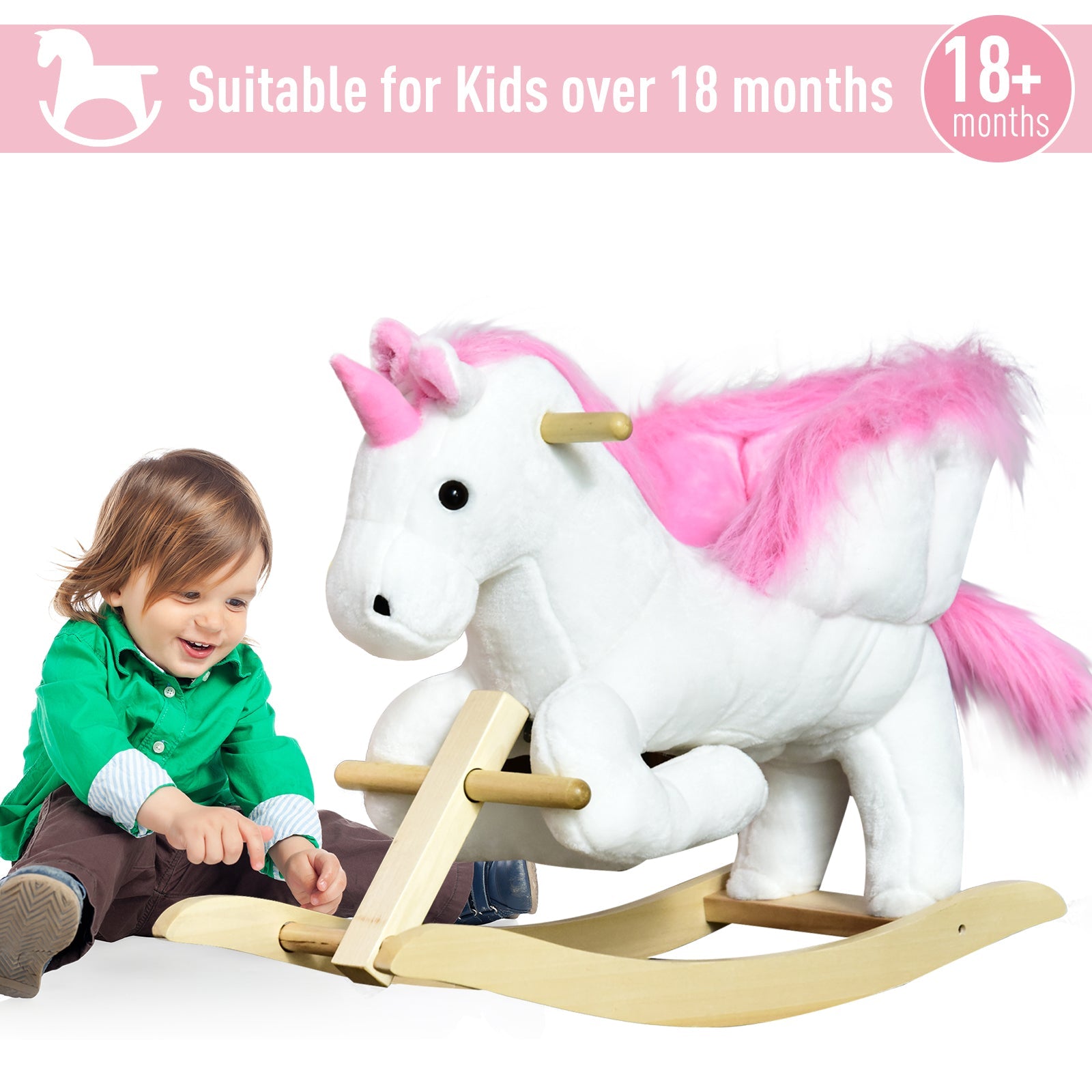 Unicorn Rocking Horse Kids Wooden Ride On Plush Toy w/ Music-4