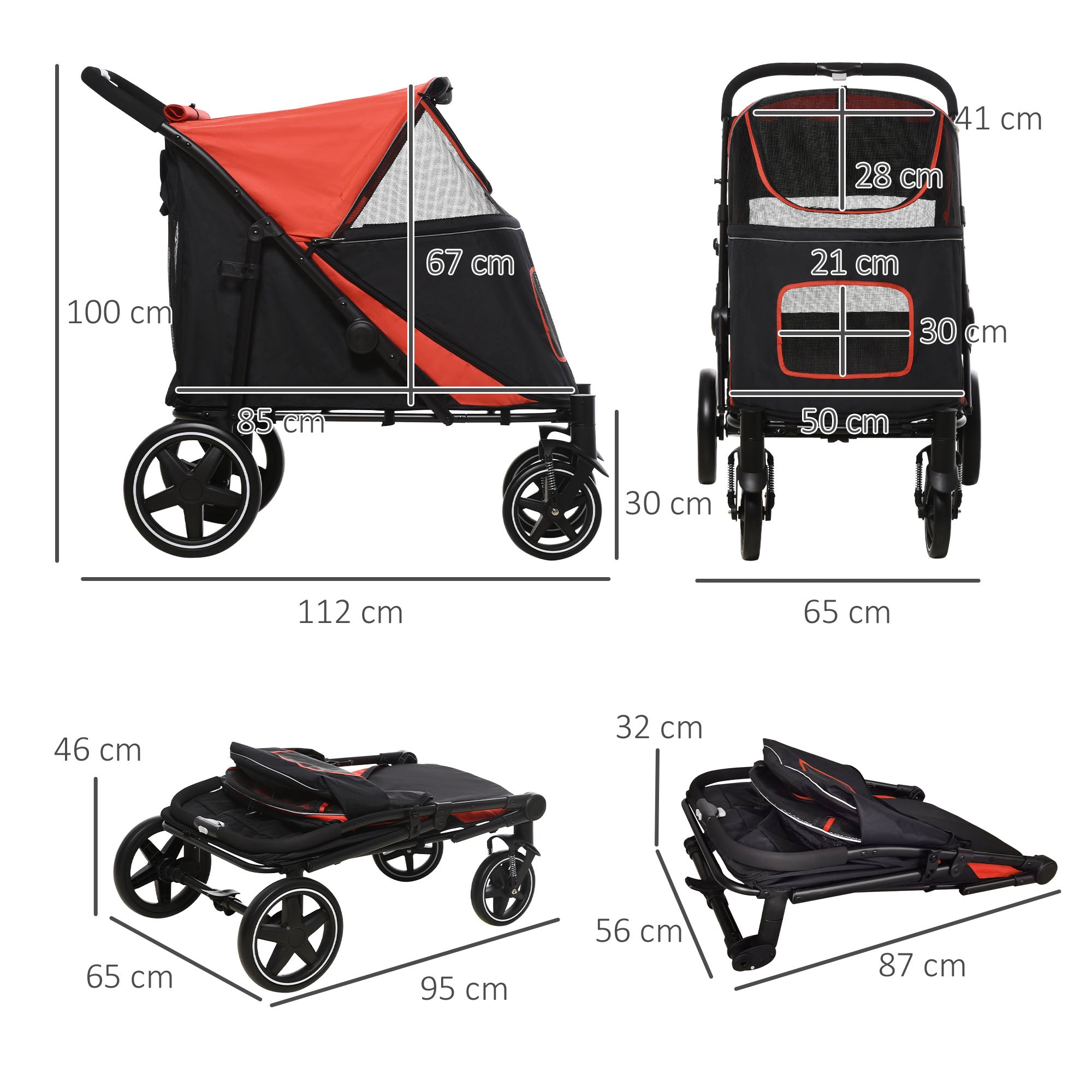 Pet Stroller with Universal Front Wheels, Shock Absorber, One Click Foldable Dog Cat Carriage with Brakes, Storage Bags, Mesh Window Red-2