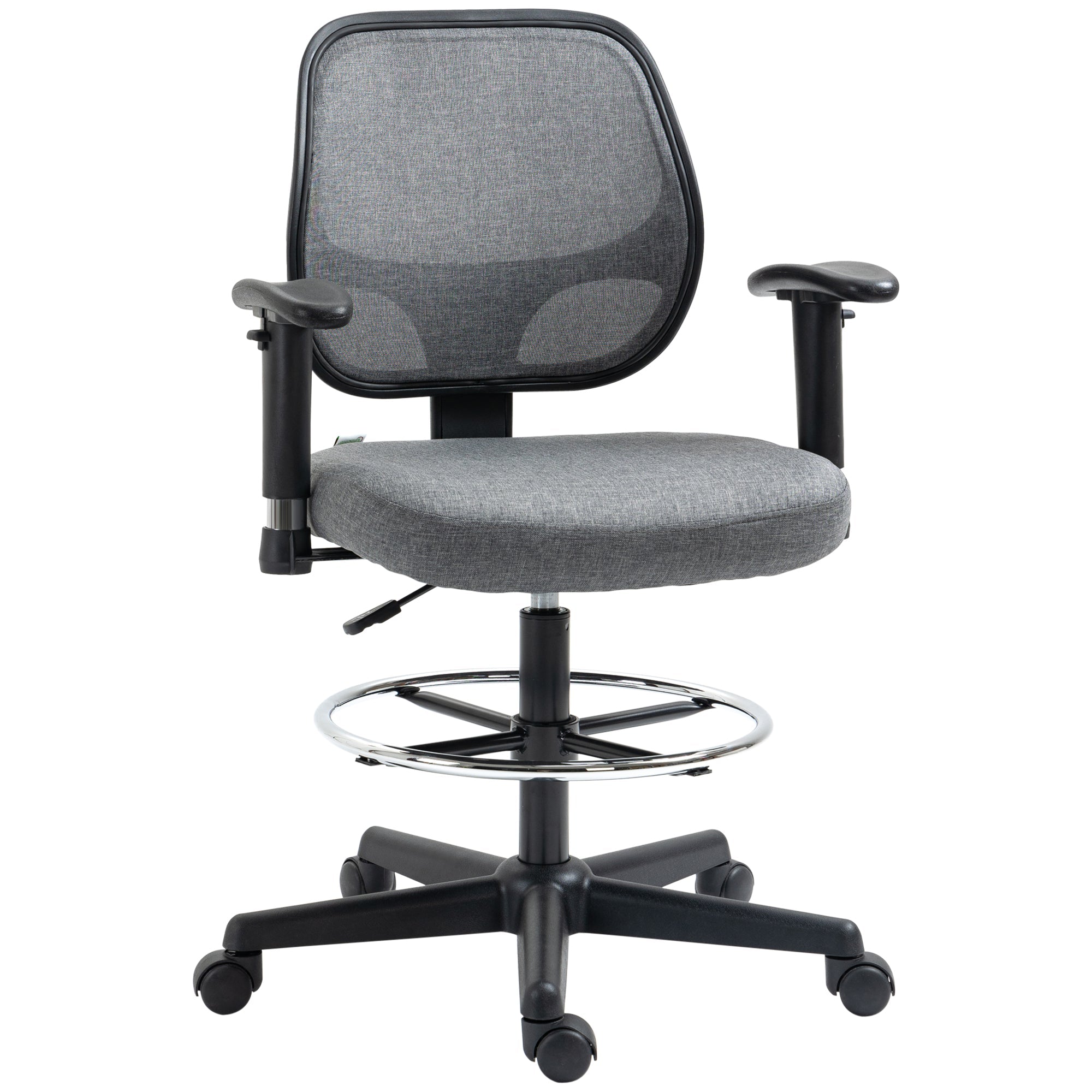 Drafting Chair Tall Office Fabric Standing Desk Chair with Adjustable Footrest Ring, Arm, Swivel Wheels, Grey-0